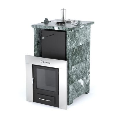 Газовая печь для бани ИзиСтим «Сочи» в трёхстороннем кожухе из змеевика в Казани